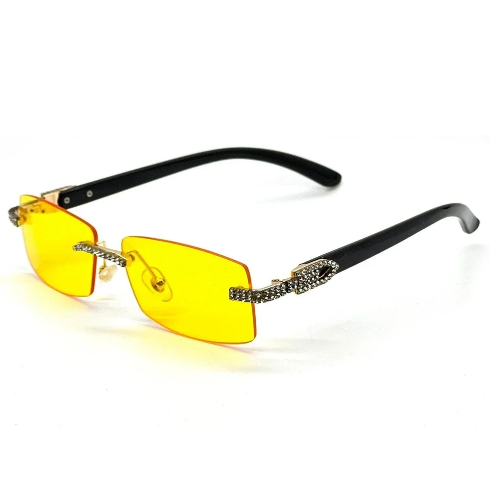 Rhinestone‎ Rimless Sunglasses Yellow Lens Fashion Tinted Glasses Trendy Rapper